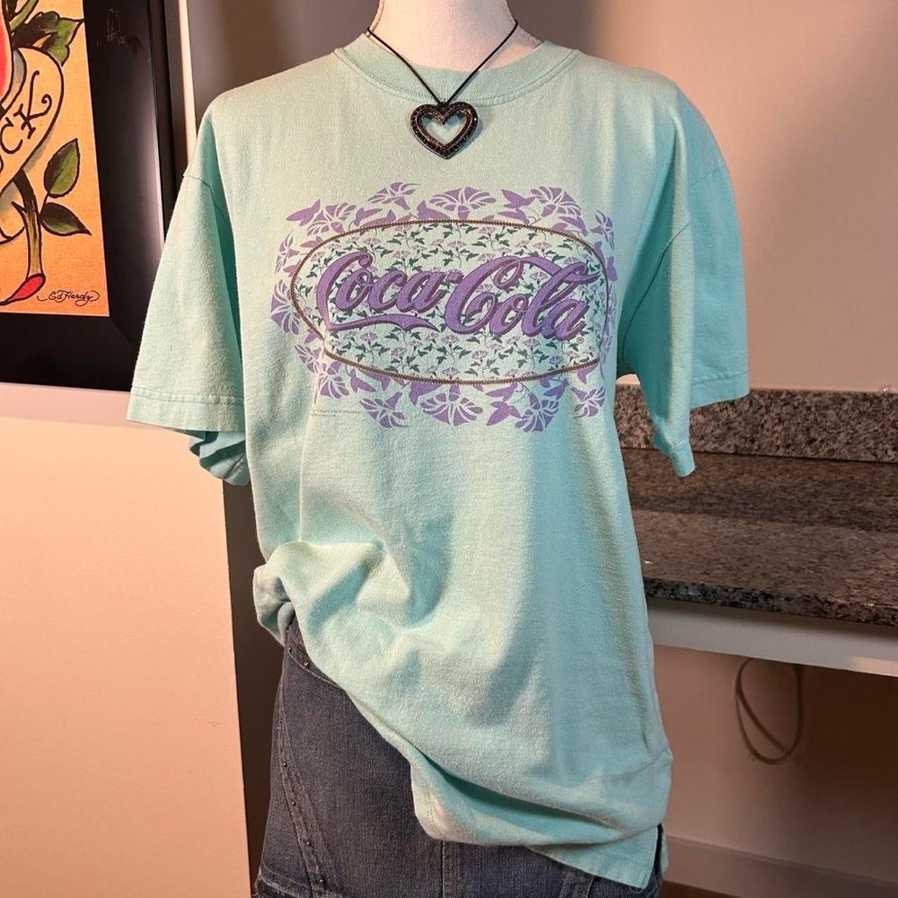 90s Coca Cola Teal Purple Floral Large Graphic T-shirt